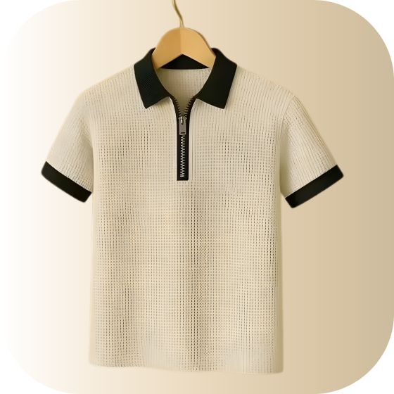 Men's Quarter-Zip Polo T-Shirt | Contrast Collar & Cuff | Knitted Texture Casual Half Sleeve Top