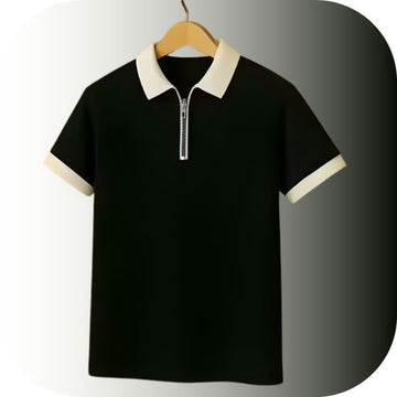 Men's Quarter-Zip Polo T-Shirt | Contrast Collar & Cuff | Knitted Texture Casual Half Sleeve Top