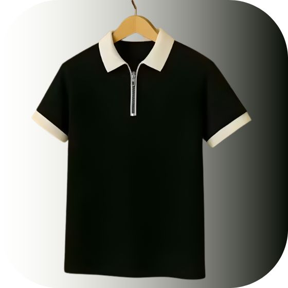 Men's Quarter-Zip Polo T-Shirt | Contrast Collar & Cuff | Knitted Texture Casual Half Sleeve Top