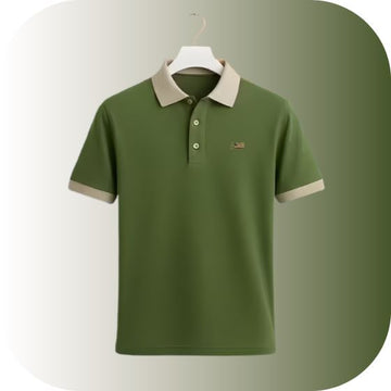 Men's Contrast Trim Polo T-Shirt | Tan Collar & Cuff | Classic Button Placket Slim Fit Casual Tee