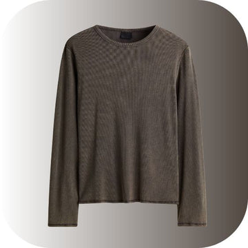 Unisex Washed Brown Long-Sleeve Crew Neck T-Shirt | Vintage Dark Khaki Basic Top | Relaxed Fit Layering Wear | Earth Tone Apparel