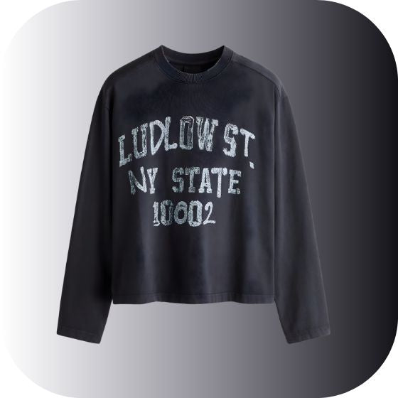 Ludlow Street NY 10002 Sweatshirt | Vintage Distressed Long Sleeve Tee | Lower East Side NYC Streetwear | Black Boxy Fit Jumper