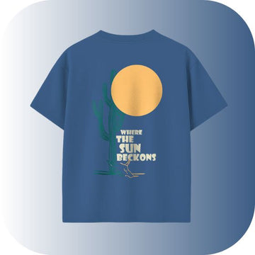 Oversized Desert Sun Graphic T-Shirt | "WHERE THE SUN BECKONS" Blue Cotton Streetwear Tee