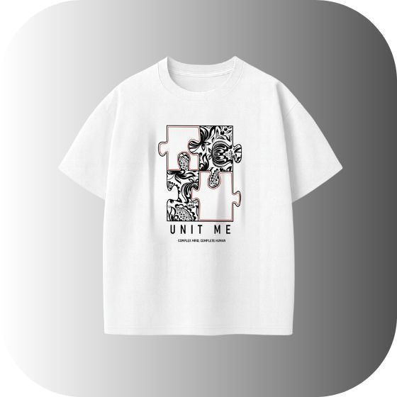 Artistic & Thoughtful Tee! Get the White Oversized "UNIT ME" Complex Mind Puzzle T-Shirt