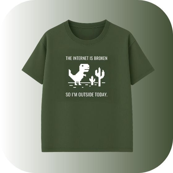 Relatable Geek Wear! Get the Olive Green Oversized "Internet is Broken" Dinosaur Game T-Shirt