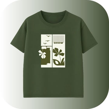 Vintage "GROW" Flower Graphic T-Shirt | Dark Olive Green Mid-Century Modern Cotton Tee | Aesthetic Nature Streetwear