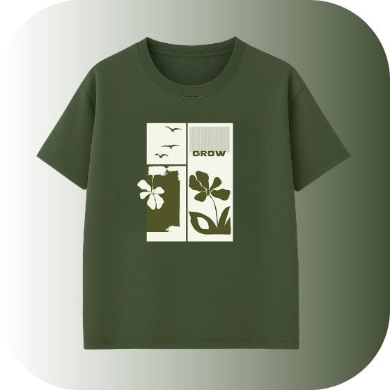 Vintage "GROW" Flower Graphic T-Shirt | Dark Olive Green Mid-Century Modern Cotton Tee | Aesthetic Nature Streetwear