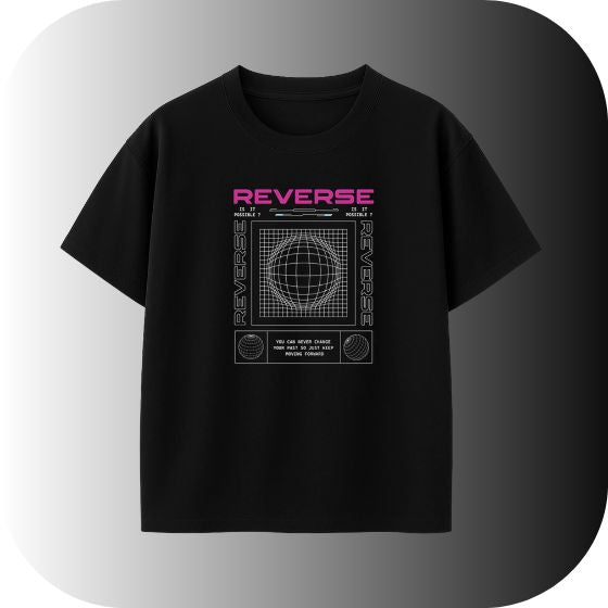 Oversized Neon Grid REVERSE T-Shirt | Black Cyberpunk Wireframe Graphic Tee | Futuristic Streetwear