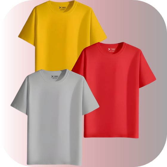 Oversized Plain T-shirt Triple Pack | Bold Yellow Red Gray Cotton Basics | Unisex Veeraku Essential